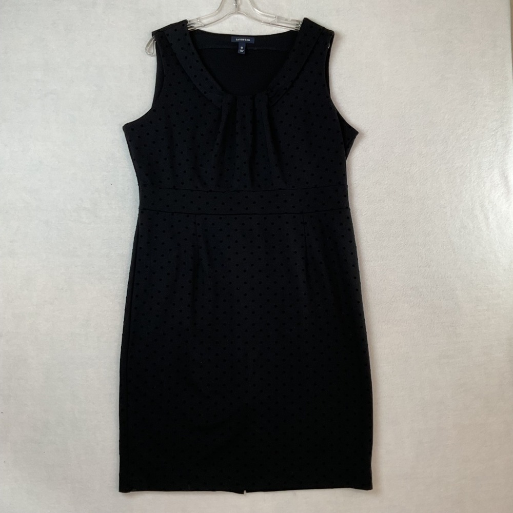 Lands End Womens XL 18 Black Flocked Polka Dot Pleated Neck Sheath Knit Dress